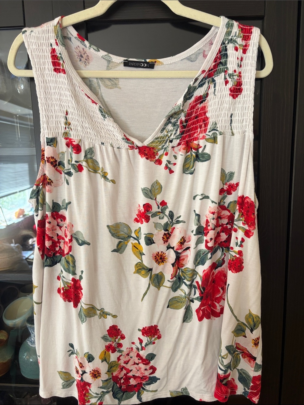 Papermoon White Floral Sleeveless V-Neck Tank with Smocked Yoke